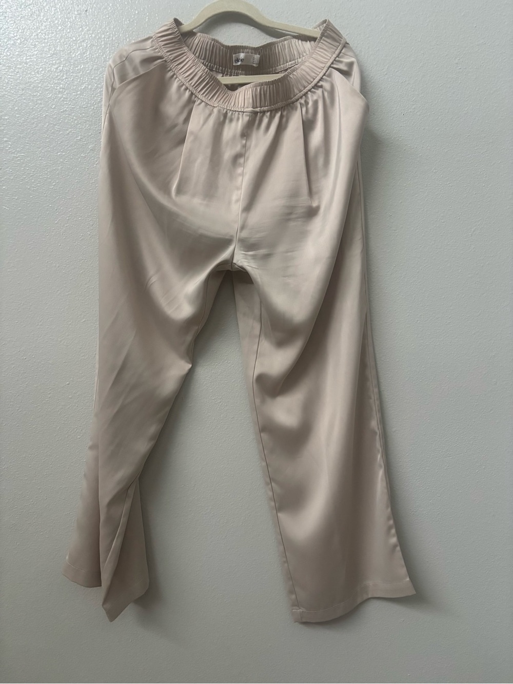 Elodie Wide-Leg Satin Pants in Light Beige